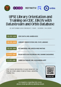 Read more about the article Upcoming Event: UPSE Library Orientation and Training on CEIC, EIKON with Datastream, and Orbis Database